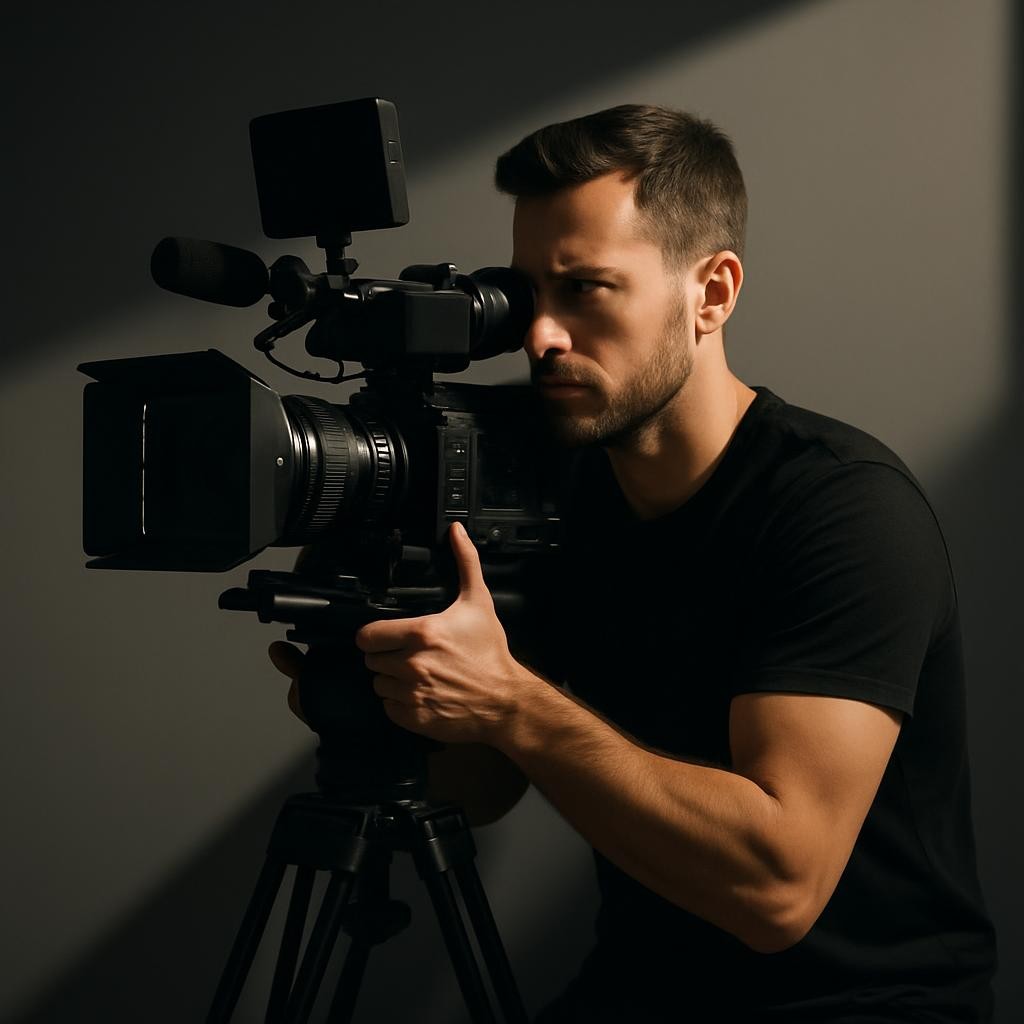 Kameramann bei der Arbeit mit professioneller Kamera, im Stil einer modernen Werbeaufnahme.