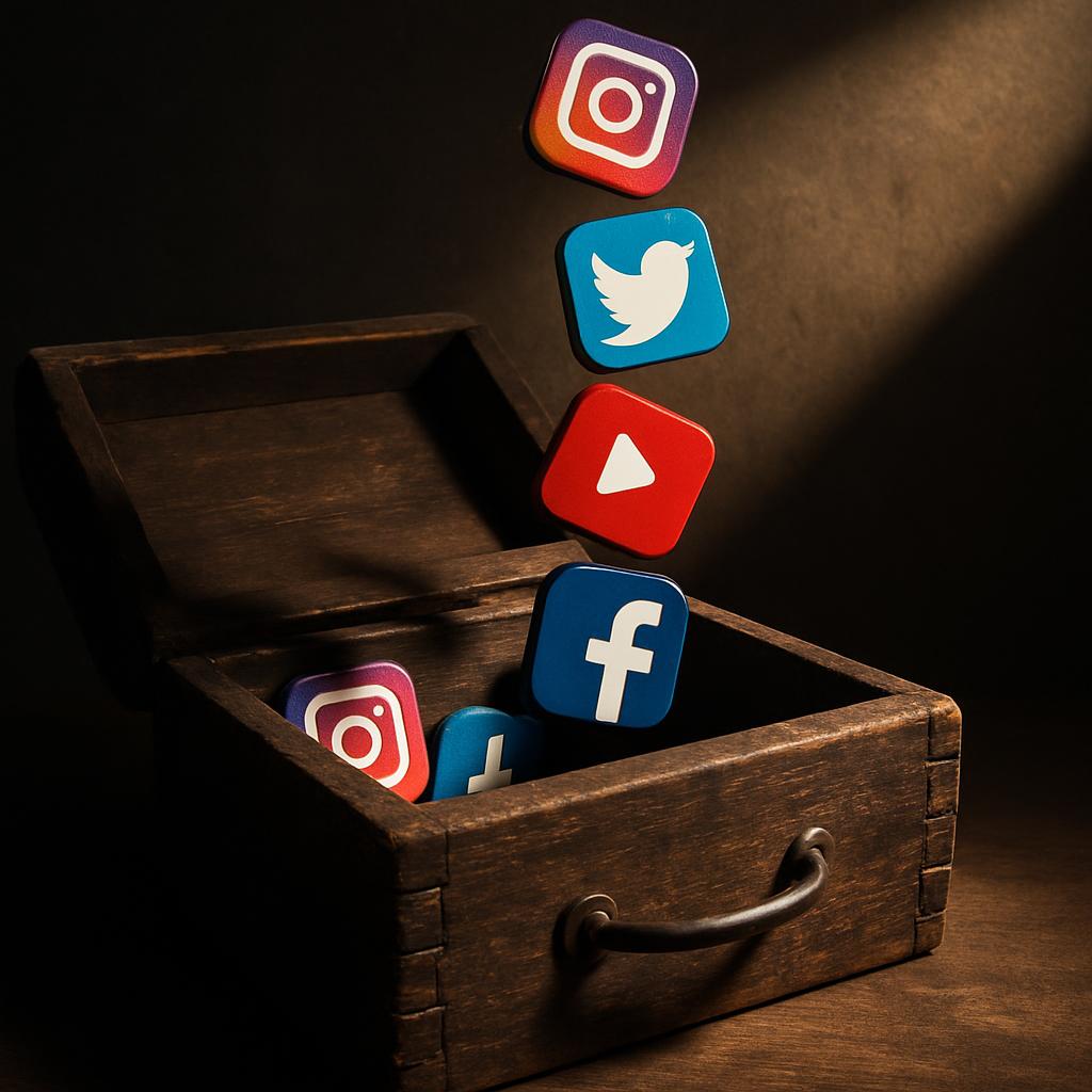 Eine Kiste aus Holz mit Sozial-Media-Symbole