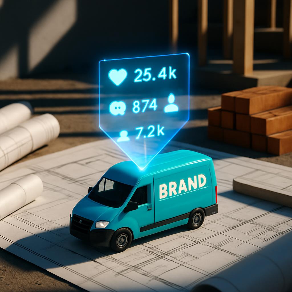 3d-illustration-of-a-blue-van-with-an-information-overlay-in-the-background.